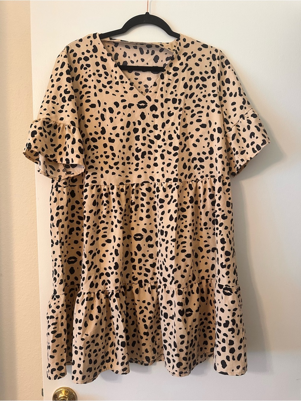 Girls' Beige Black Leopard Print Tiered Dress